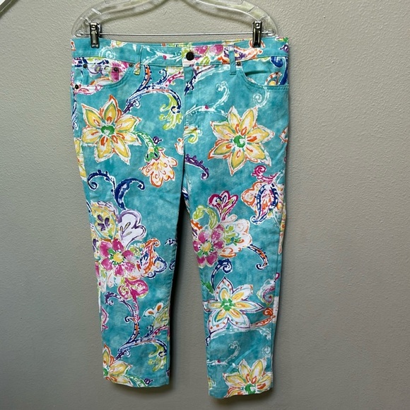Lauren Ralph Lauren Denim - Vtg Lauren Ralphen Lauren Teal Blue Floral Modern Straight Cropped Jeans